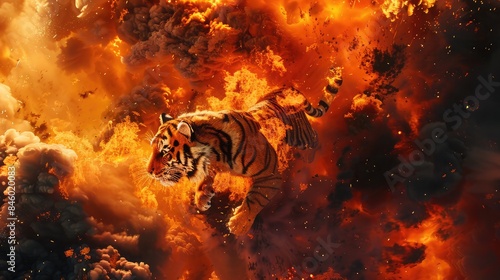 A fiery explosion of orange and black smoke, featuring a 3D animated tiger leaping through the flames