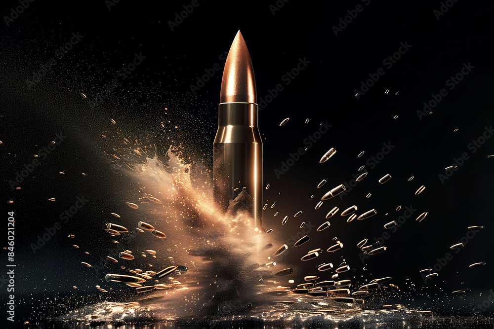 Powerful close-up of a bullet impacting, with debris and fragments explosively flying in all directions Powerful close-up of a bullet impacting, with debris and fragments explosively flying in all directions