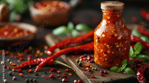 A rich and textured red sauce in a bottle, accompanied by herbs and spices for flavor enhancement