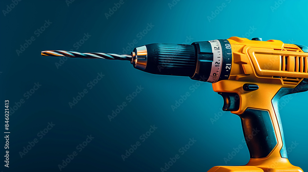 Close-up of a yellow power drill with a drill bit, set against a modern blue background Close-up of a yellow power drill with a drill bit, set against a modern blue background