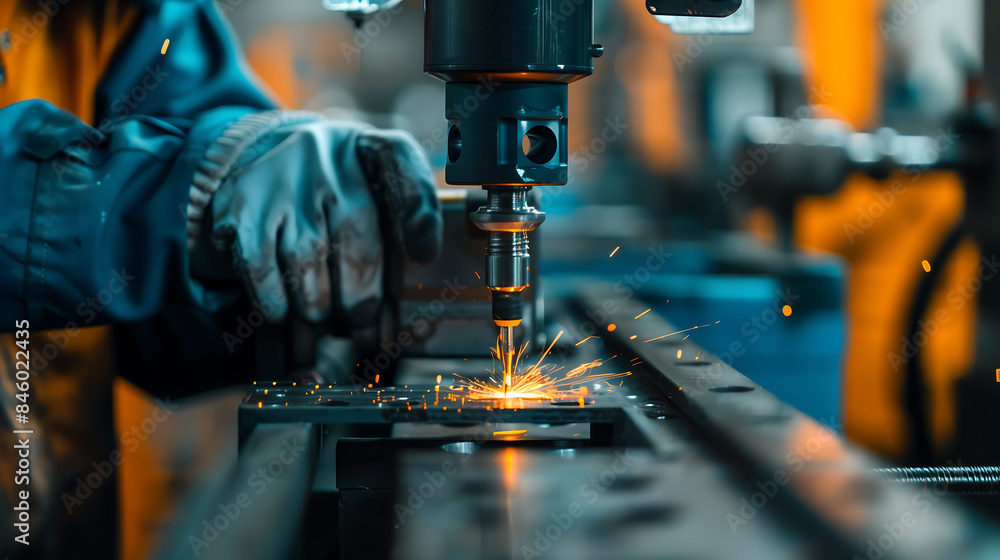 Industrial worker operating a drill with precision, sparks flying in a busy factory setting Industrial worker operating a drill with precision, sparks flying in a busy factory setting