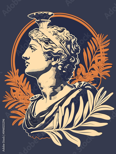 Antique statue of the Greek goddess Athena. Vector illustration on dark background.