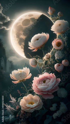 poeme illustration with beautiful white  flowers with moon. Digital fine art.  Ai generated. photo