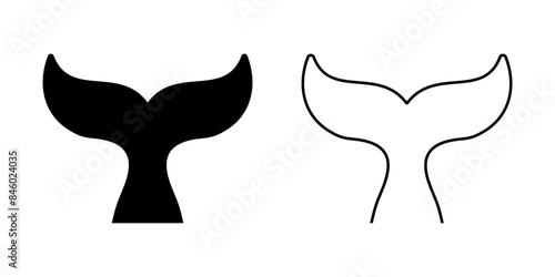 Whale tail icons. Black and white cetacean animal fin silhouettes. Dolphin, orca, beluga or another marine mammal symbol. Sea or ocean theme emblem. Vector graphic illustration.