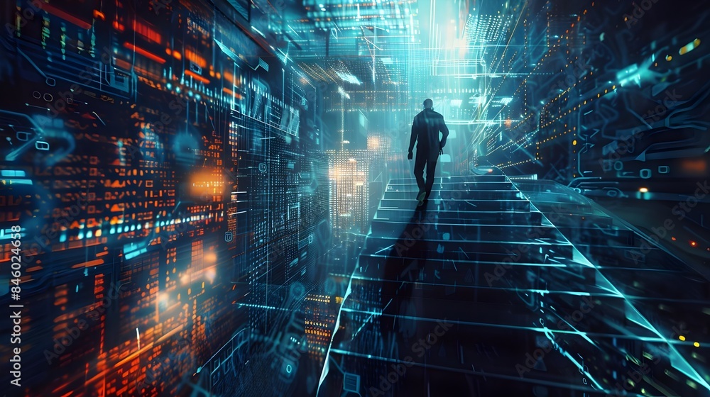 Man walking down a staircase in a cybernetic digital technology matrix background Man walking down a staircase in a cybernetic digital technology matrix background