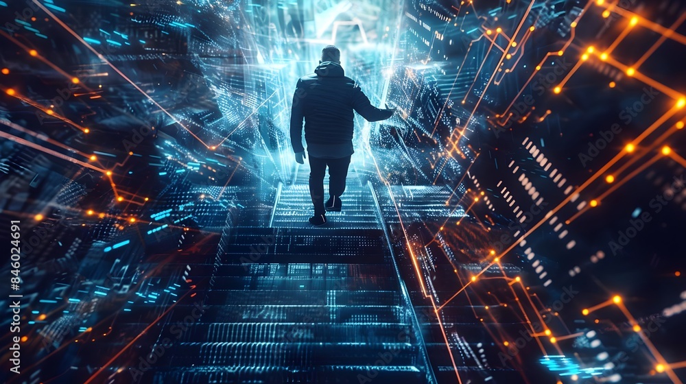 Man walking down a staircase in a cybernetic digital technology matrix background Man walking down a staircase in a cybernetic digital technology matrix background