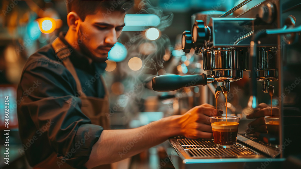 a barista's hands expertly crafting an espresso with a sleek, modern portafilter machine.generative ai a barista's hands expertly crafting an espresso with a sleek, modern portafilter machine.generative ai
