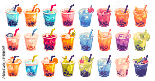 Cartoon bubble Boba tea set. Summer smoothie ice drinks with tapioca pearls in glasses different flavors and toppings, straws and fruit slices cocktail vector illustration