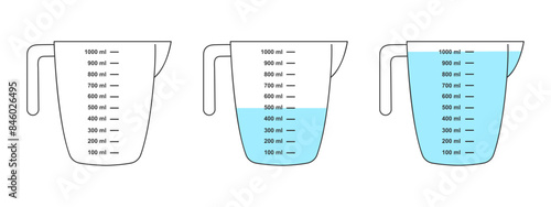 Set of empty and water filled measuring cups with 1 liter volume. Liquid containers for cooking with fluid capacity scale isolated on white background. Vector flat illustration.