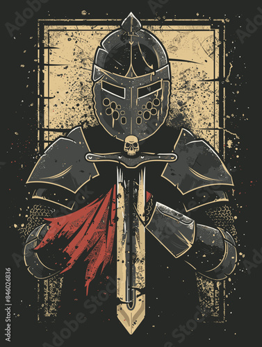 Knight's helmet with a sword. Vector illustration on grunge background.