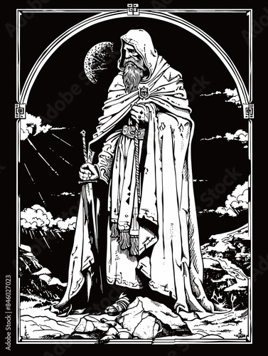 Jesus Christ with a cross in his hands. Illustration in black and white.