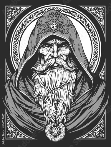 Viking with beard in the frame of the ornament. Vector illustration