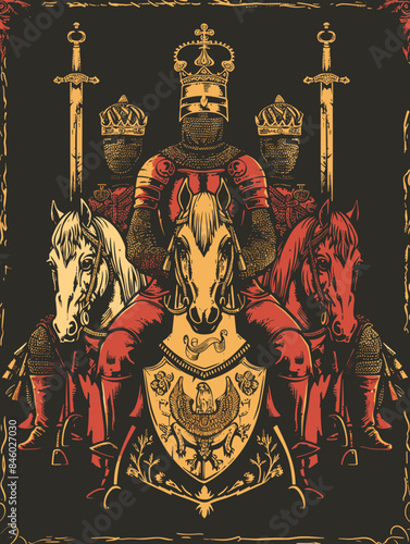 Medieval knight with horses and swords. Vector illustration in vintage style.