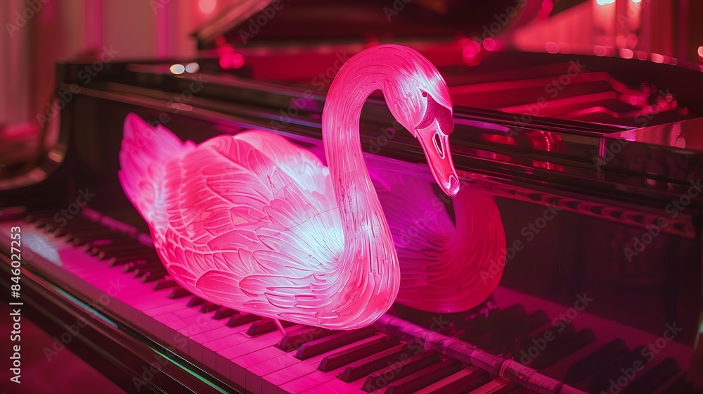 Glowing pink swan on the piano close up interior