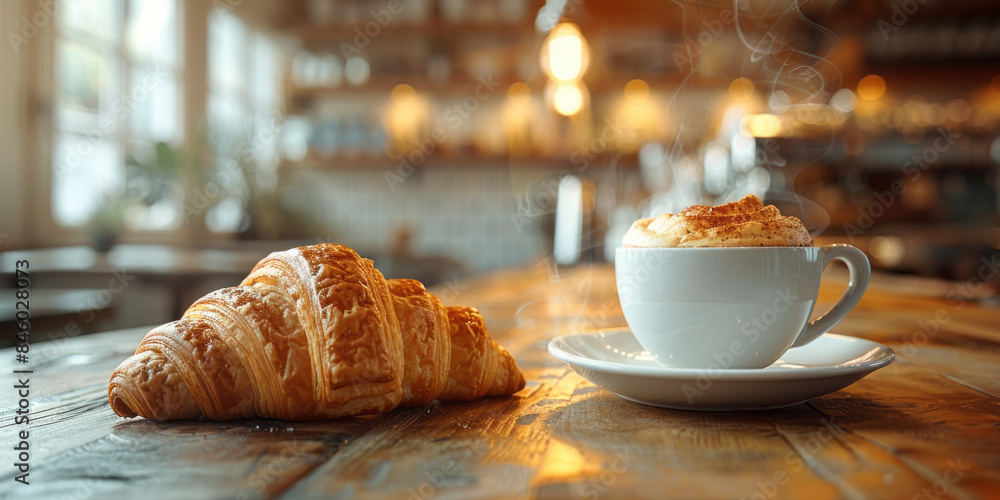 barista making a cup of steaming hot coffee with a croissant on a wooden table.generative ai barista making a cup of steaming hot coffee with a croissant on a wooden table.generative ai