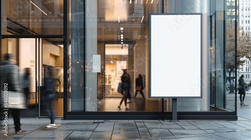 A large white billboard sits in the middle of a busy city street photo