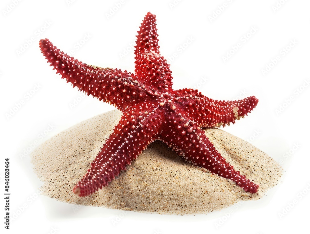 red starfish on white sand on white background summer concept red starfish on white sand on white background summer concept