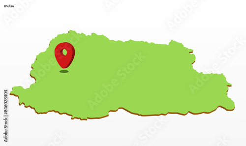 3d vector illustration graphic green color geographical map of Bhutan with point on Capitol