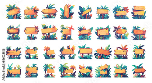 Wallpaper Mural Cartoon jungle sign boards set. Blank empty wood planks wooden pointers arrows banners with tropical leaves vector illustration Torontodigital.ca