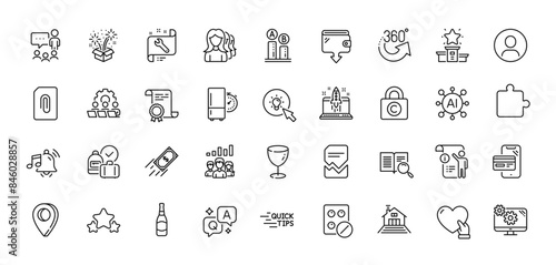 Volunteer, People chatting and Education line icons pack. AI, Question and Answer, Map pin icons. 360 degrees, Attachment, Teamwork web icon. Vector