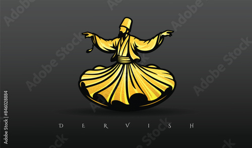Golden Dervish Silhouette in Traditional Whirling Pose on Dark Background
