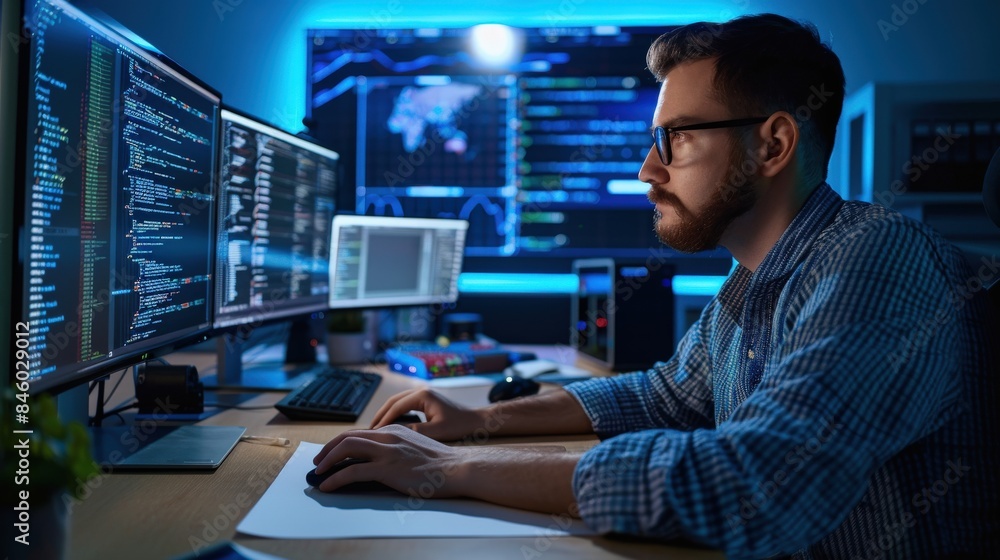 A man software engineer is sitting at a desk computer working