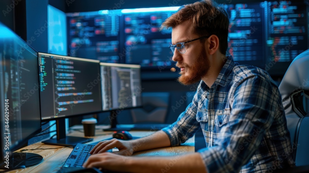 A man software engineer is sitting at a desk computer working A man software engineer is sitting at a desk computer working