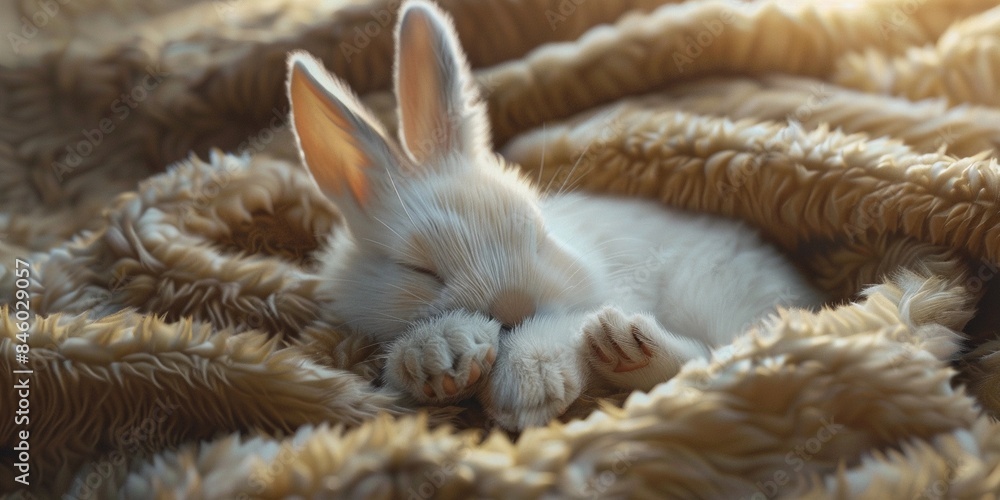 Close-up of an adorable white rabbit sleeping in a cozy fur blanket, highlighting comfort and cuteness.
Close-up of an adorable white rabbit sleeping in a cozy fur blanket, highlighting comfort and cuteness.