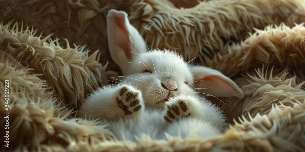 Close-up of an adorable white rabbit sleeping in a cozy fur blanket, highlighting comfort and cuteness.
Close-up of an adorable white rabbit sleeping in a cozy fur blanket, highlighting comfort and cuteness.