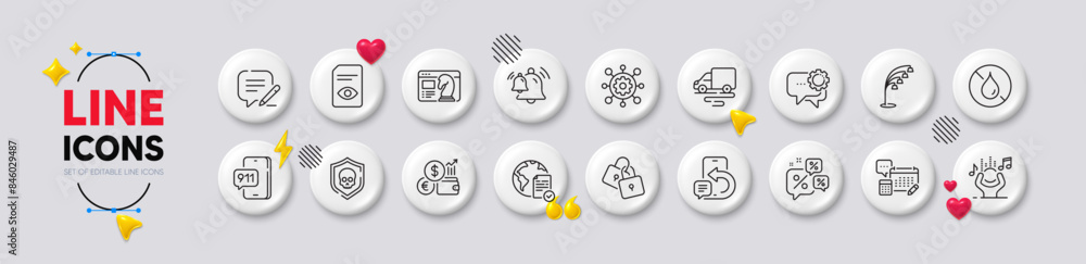 Locks, Discounts chat and Bell line icons. White buttons 3d icons. Pack of Currency rate, Online voting, Account icon. Phone message, Employees messenger, Emergency call pictogram. Vector Locks, Discounts chat and Bell line icons. White buttons 3d icons. Pack of Currency rate, Online voting, Account icon. Phone message, Employees messenger, Emergency call pictogram. Vector