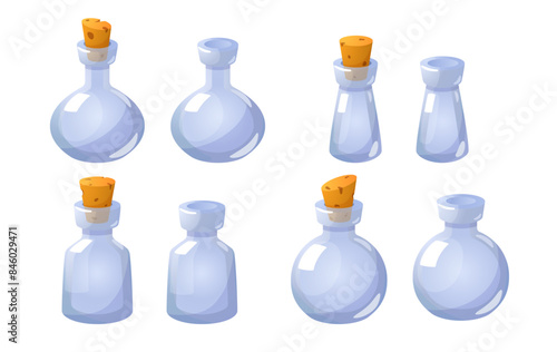 Glass potion corked and open empty bottles set.