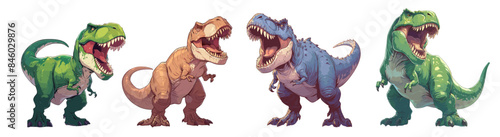 Cartoon roaring t-rex set. Extinct carnivorous dinosaur tyrannosaurus, jurassic monster animal dino t-shirt print vector illustration