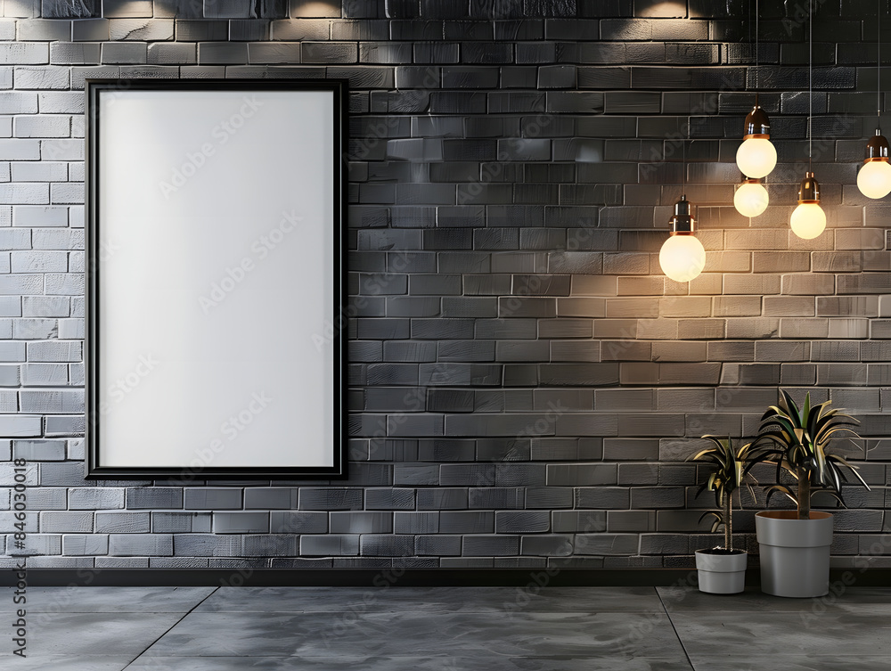 White modern brick wall with a blank photo frame mockup White modern brick wall with a blank photo frame mockup