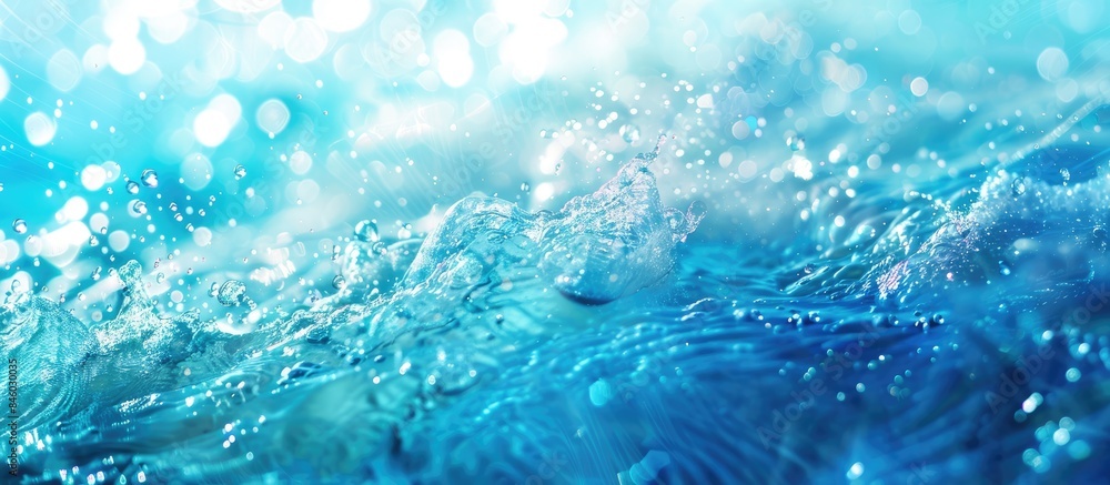 Abstract summer banner background featuring transparent blue water surface, with ripples, splashes, and bubbles, creating a soothing and refreshing aesthetic for your cosmetics advertisement. Abstract summer banner background featuring transparent blue water surface, with ripples, splashes, and bubbles, creating a soothing and refreshing aesthetic for your cosmetics advertisement.