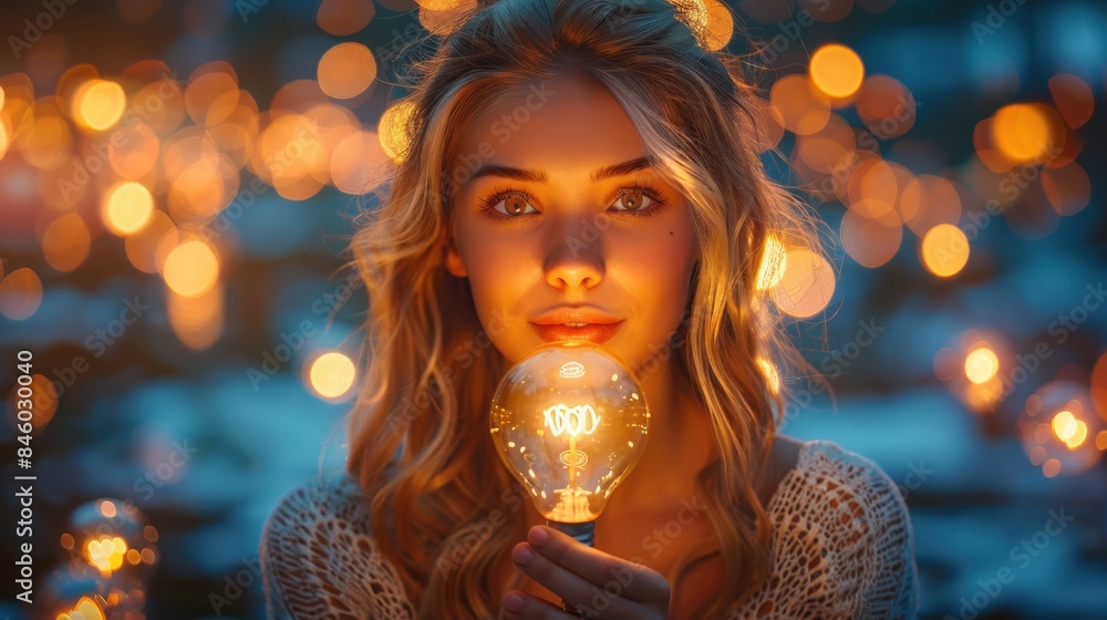 A woman is holding a light bulb in her hand, with a bright light shining on her face. The image has a warm and inviting mood, with the light bulb symbolizing hope and illumination A woman is holding a light bulb in her hand, with a bright light shining on her face. The image has a warm and inviting mood, with the light bulb symbolizing hope and illumination