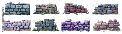 Cartoon stone wall set. Destroyed ruin ancient castle old rock tower brick fence boulder border vector illustration