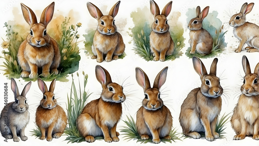 Fototapeta premium Group of rabbits in various poses