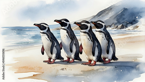 Watercolor illustration of three penguins