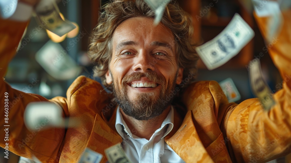 A man is smiling and surrounded by a lot of money A man is smiling and surrounded by a lot of money