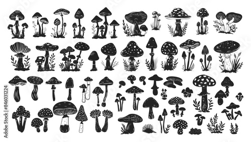 Edible and poison mushrooms set engraving style. Black silhouette of forest plant poisonous fungus mystical witchcraft cook ingredient object vector illustration
