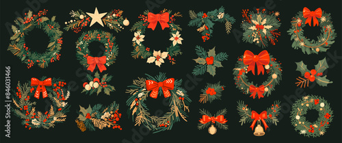 Flat christmas wreaths and mistletoe set. Fir branches holly berries bows xmas tree winter holliday decoration vector illustration