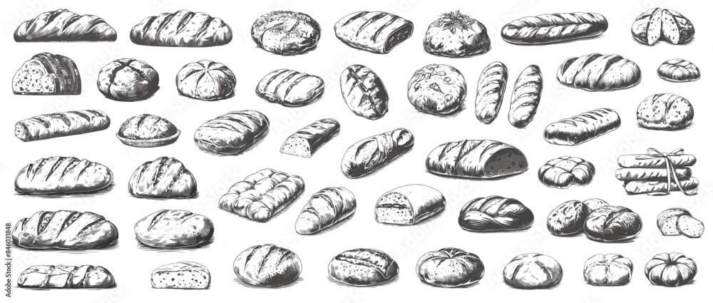 Sketch bread loafs set. Hand drawn bakery products ciabatta toast sourdough baguette buns, wheat flour food vector illustration Sketch bread loafs set. Hand drawn bakery products ciabatta toast sourdough baguette buns, wheat flour food vector illustration