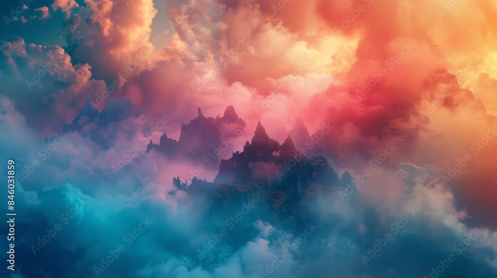 The air is filled with a thick and colorful fog creating an enchanting and surreal landscape that seems almost otherworldly. The air is filled with a thick and colorful fog creating an enchanting and surreal landscape that seems almost otherworldly.