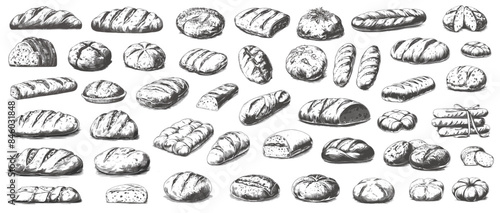Sketch bread loafs set. Hand drawn bakery products ciabatta toast sourdough baguette buns, wheat flour food vector illustration