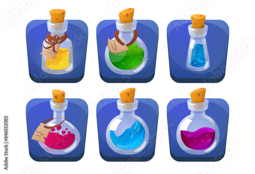 Glass bottles with potion, set of different game icons, vector on white
