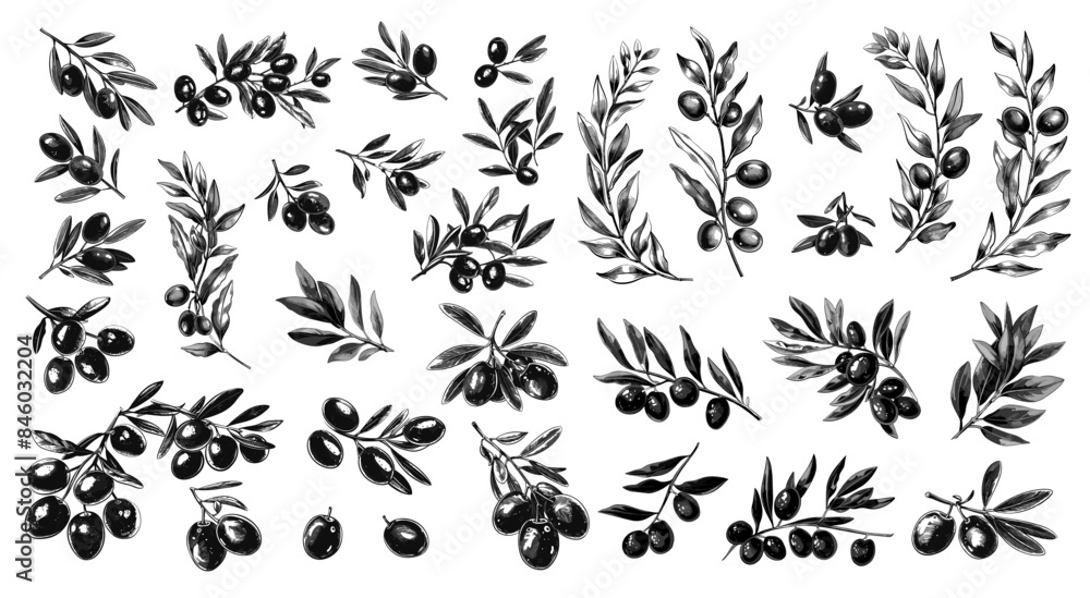 Fototapeta premium Sketch olive branches set. Hand drawn engraved branch with ripe fruits and twig leaves for oil greek italian vegetarian food ingredient vector illustration