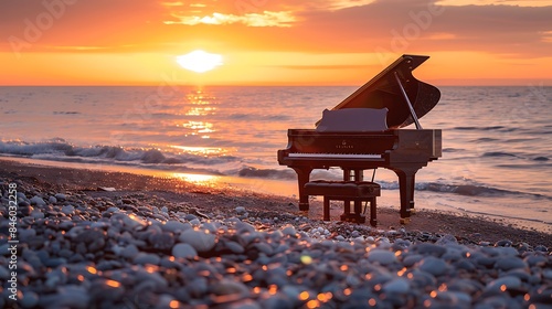 Grand piano on the pebble beach you can see the setting sun and the rivulet