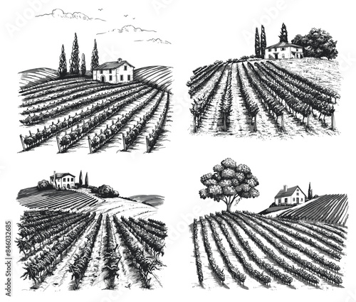 Vineyard landscapes sketch set. Hand drawn vintage rural grape plants vine field plantation and winery house vector illustration
