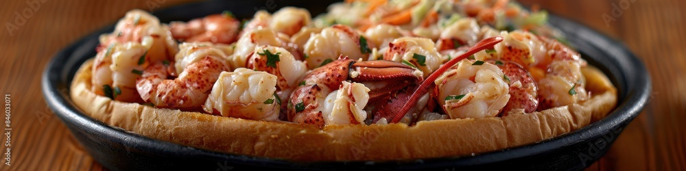 Delicious gourmet pizza with fresh shrimp and vegetables on a mouthwatering crust, served hot on a black plate on a wooden table Delicious gourmet pizza with fresh shrimp and vegetables on a mouthwatering crust, served hot on a black plate on a wooden table