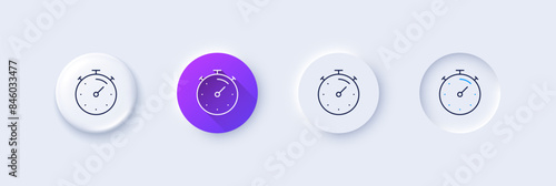 Timer line icon. Neumorphic, Purple gradient, 3d pin buttons. Stopwatch time sign. Countdown clock symbol. Line icons. Neumorphic buttons with outline signs. Vector